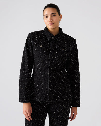 PARC Black Crystal Rhinestone Embellished Long-Sleeved Button-Up Denim Women's Jacket - Steve Madden