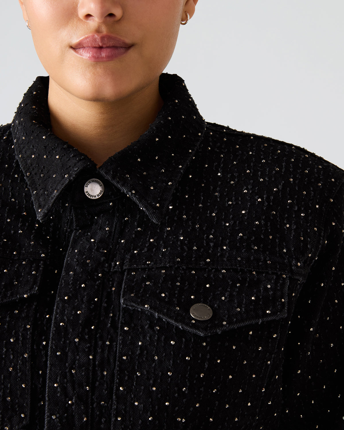 PARC Black Crystal Rhinestone Embellished Long-Sleeved Button-Up Denim Women's Jacket - Steve Madden