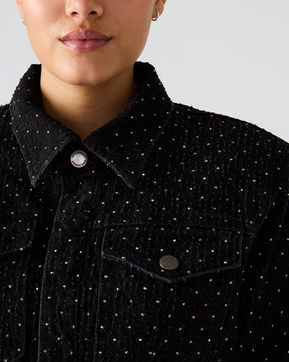 PARC Black Crystal Rhinestone Embellished Long-Sleeved Button-Up Denim Women's Jacket - Steve Madden