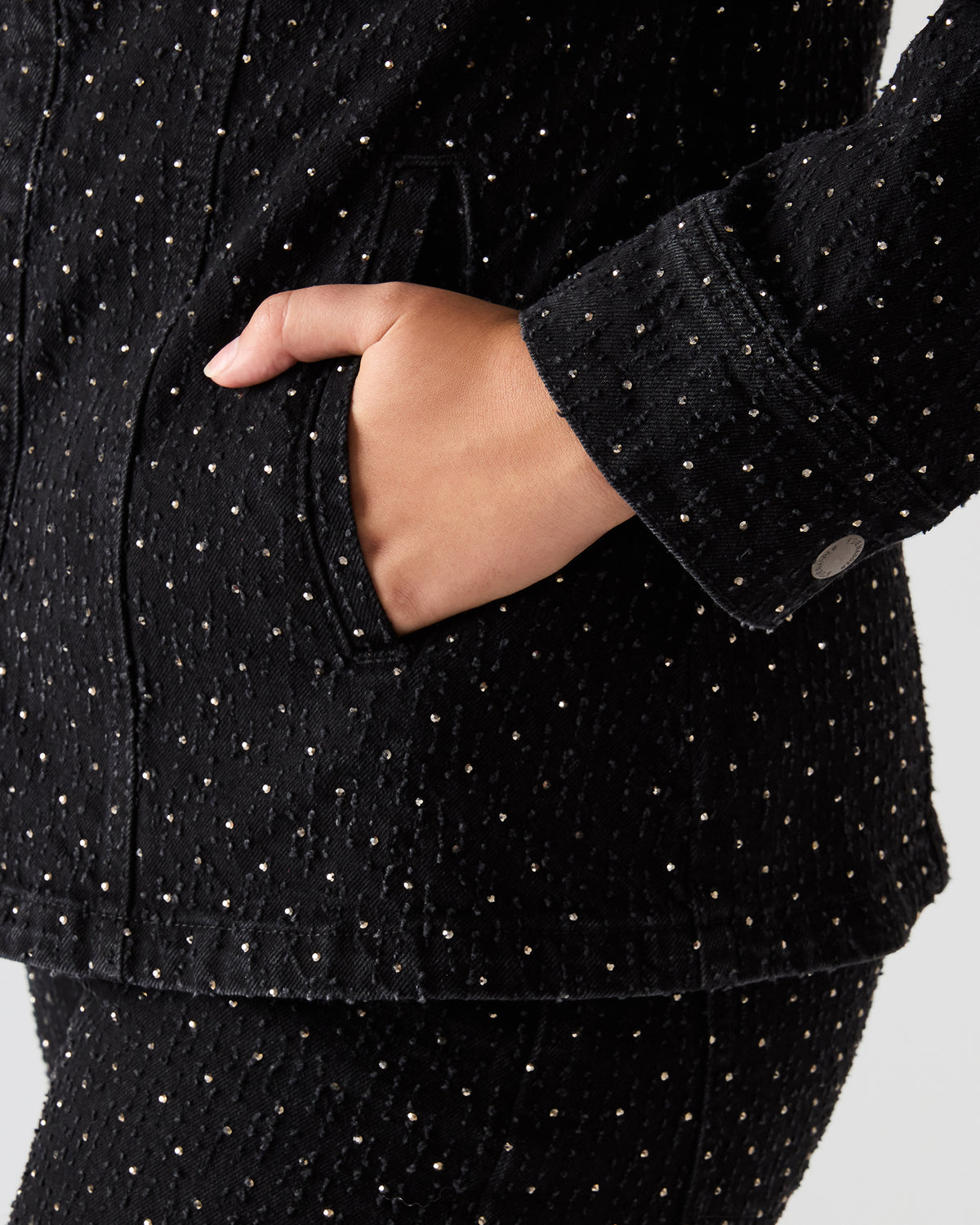 PARC Black Crystal Rhinestone Embellished Long-Sleeved Button-Up Denim Women's Jacket - Steve Madden