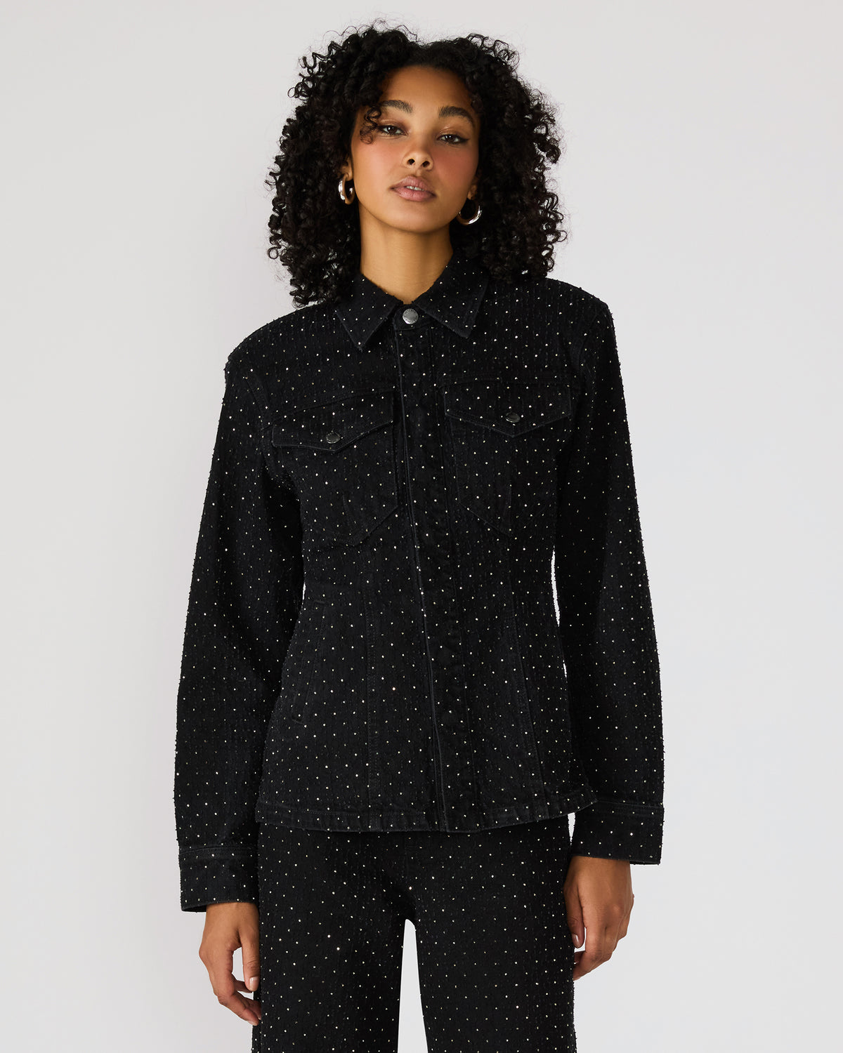 PARC Black Crystal Rhinestone Embellished Long-Sleeved Button-Up Denim Women's Jacket - Steve Madden