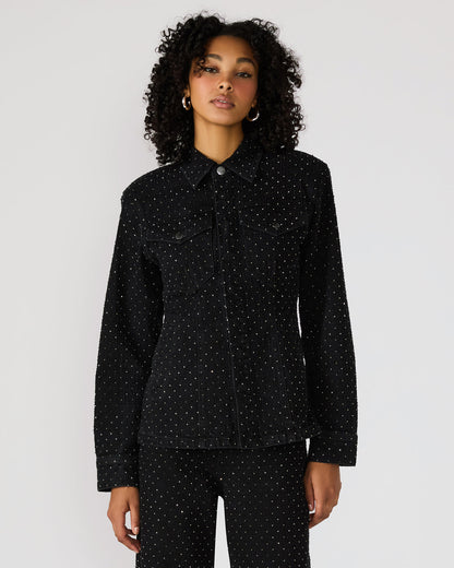 PARC Black Crystal Rhinestone Embellished Long-Sleeved Button-Up Denim Women's Jacket - Steve Madden