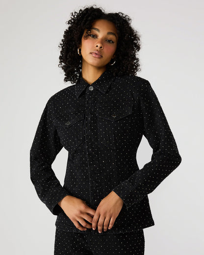 PARC Black Crystal Rhinestone Embellished Long-Sleeved Button-Up Denim Women's Jacket - Steve Madden
