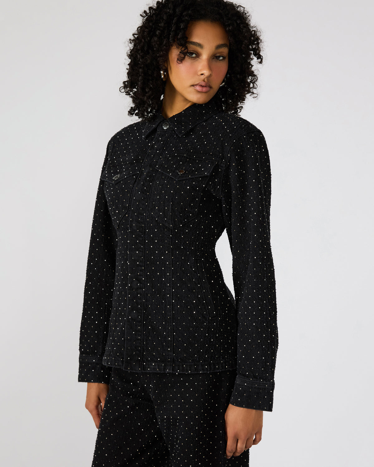 PARC Black Crystal Rhinestone Embellished Long-Sleeved Button-Up Denim Women's Jacket - Steve Madden