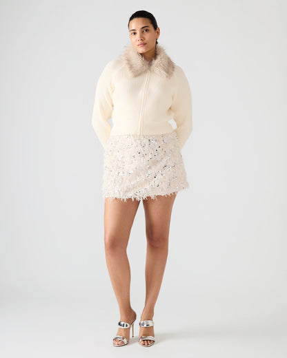 LYSIA Cream Long-Sleeved Faux Fur Hood Zip-Up Ribbed Women's Sweater Jacket - Steve Madden