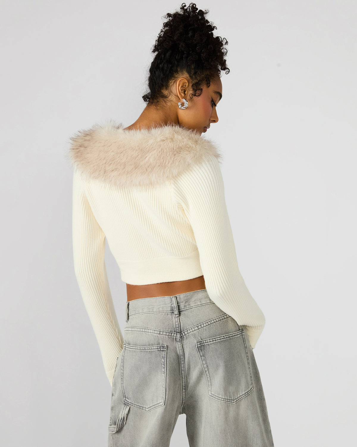 LYSIA Cream Long-Sleeved Faux Fur Hood Zip-Up Ribbed Women's Sweater Jacket - Steve Madden