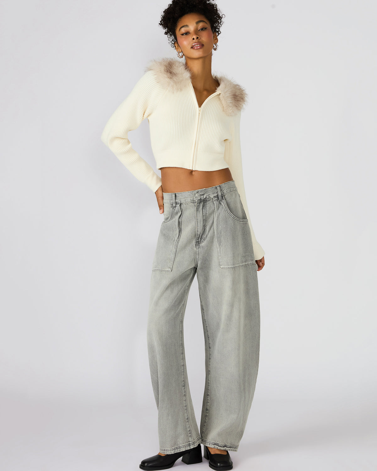 LYSIA Cream Long-Sleeved Faux Fur Hood Zip-Up Ribbed Women's Sweater Jacket - Steve Madden