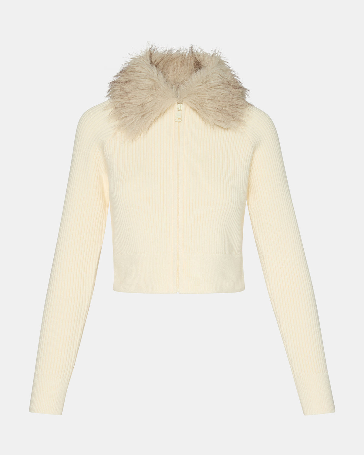 LYSIA Cream Long-Sleeved Faux Fur Hood Zip-Up Ribbed Women's Sweater Jacket - Steve Madden