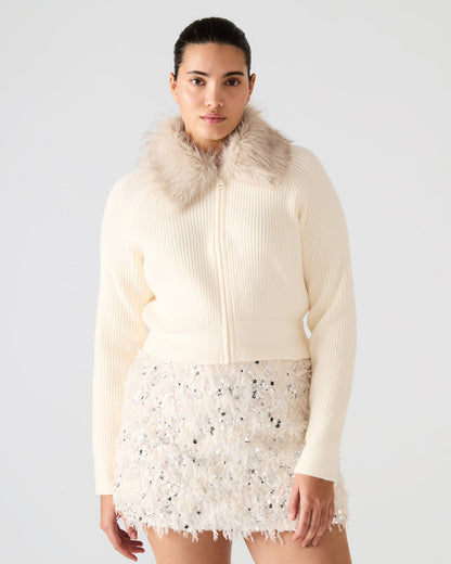 LYSIA Cream Long-Sleeved Faux Fur Hood Zip-Up Ribbed Women's Sweater Jacket - Steve Madden