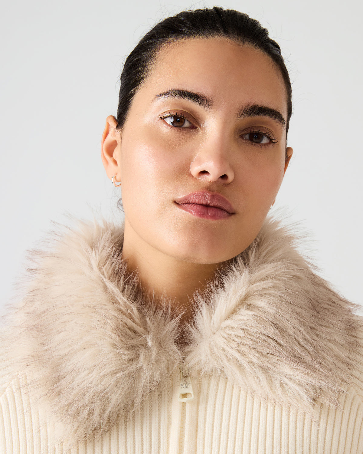 LYSIA Cream Long-Sleeved Faux Fur Hood Zip-Up Ribbed Women's Sweater Jacket - Steve Madden