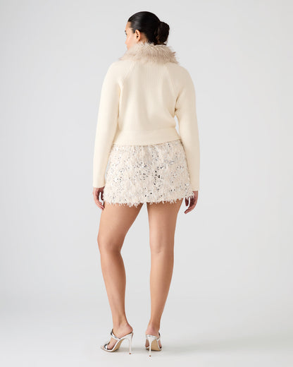 LYSIA Cream Long-Sleeved Faux Fur Hood Zip-Up Ribbed Women's Sweater Jacket - Steve Madden