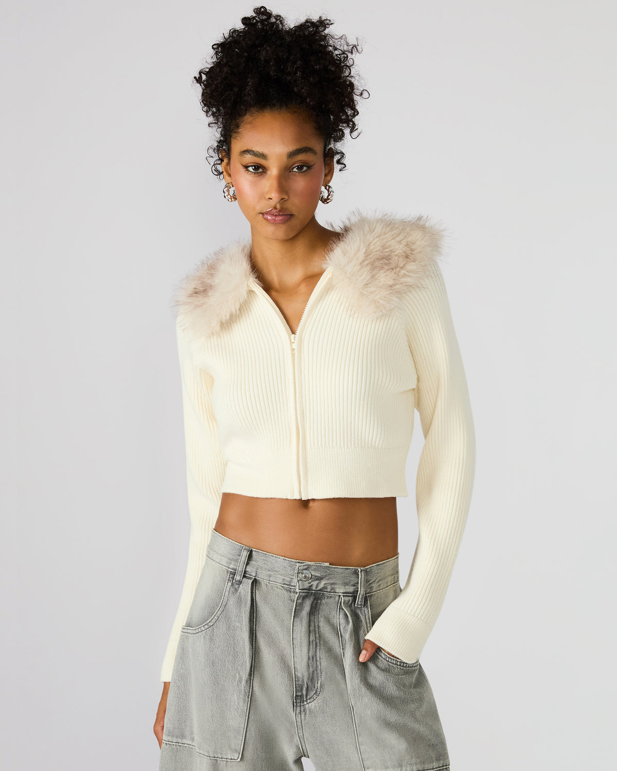 LYSIA Cream Long-Sleeved Faux Fur Hood Zip-Up Ribbed Women's Sweater Jacket - Steve Madden