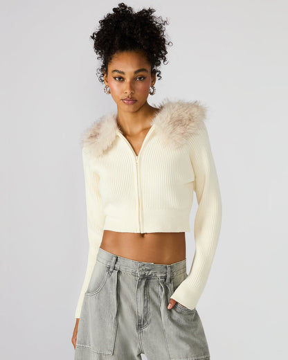 LYSIA Cream Long-Sleeved Faux Fur Hood Zip-Up Ribbed Women's Sweater Jacket - Steve Madden