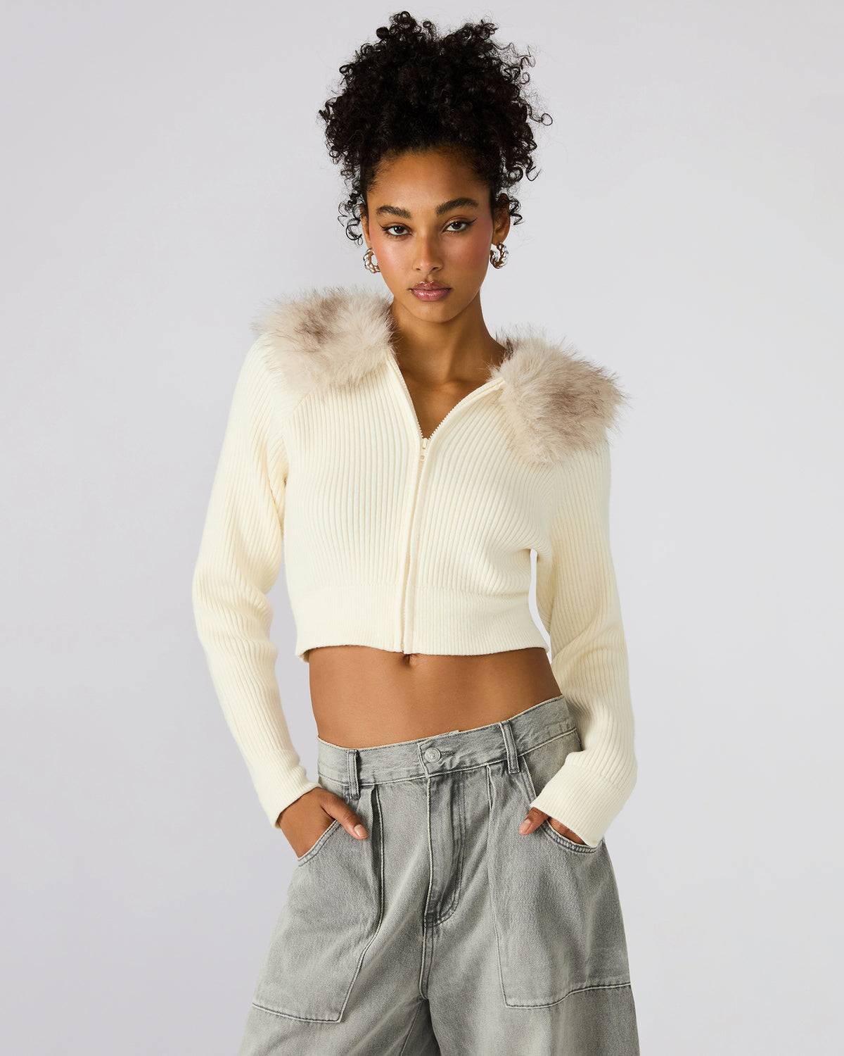 LYSIA Cream Long-Sleeved Faux Fur Hood Zip-Up Ribbed Women's Sweater Jacket - Steve Madden