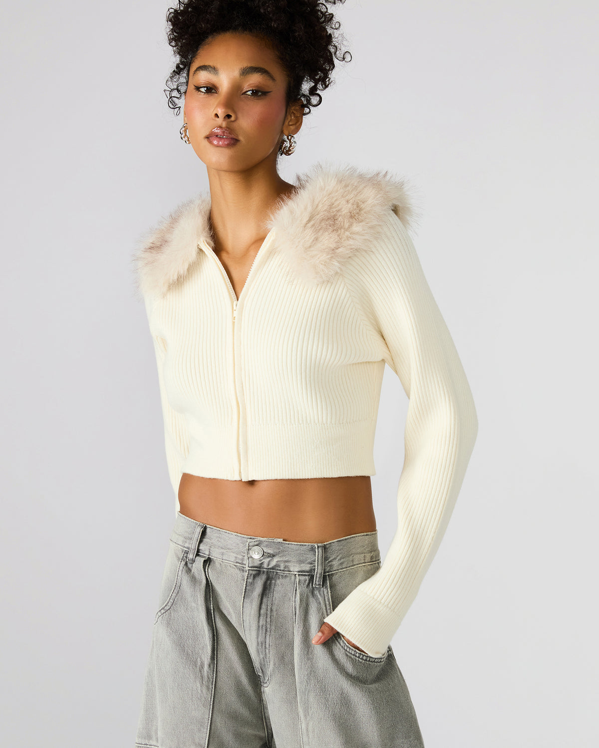 LYSIA Cream Long-Sleeved Faux Fur Hood Zip-Up Ribbed Women's Sweater Jacket - Steve Madden