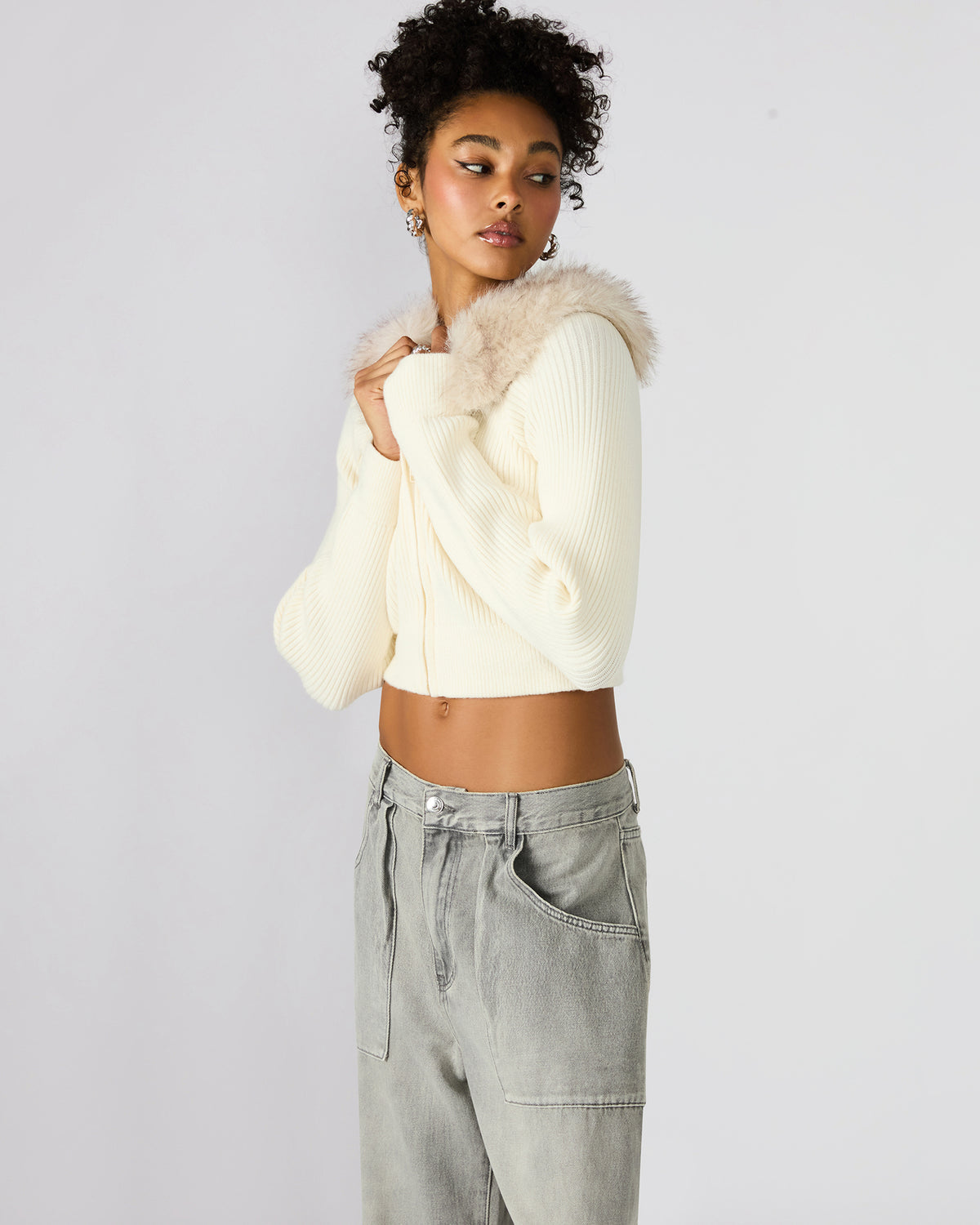 LYSIA Cream Long-Sleeved Faux Fur Hood Zip-Up Ribbed Women's Sweater Jacket - Steve Madden