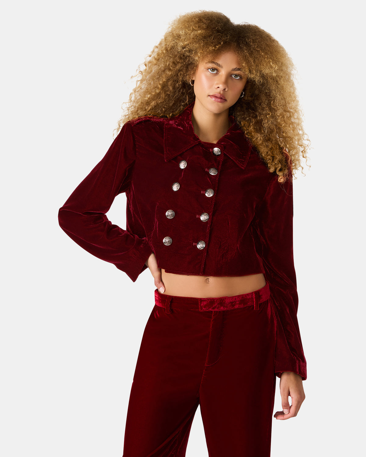 TONIA Red Velvet Button-Up Long-Sleeved Women's Blazer Jacket - Steve Madden