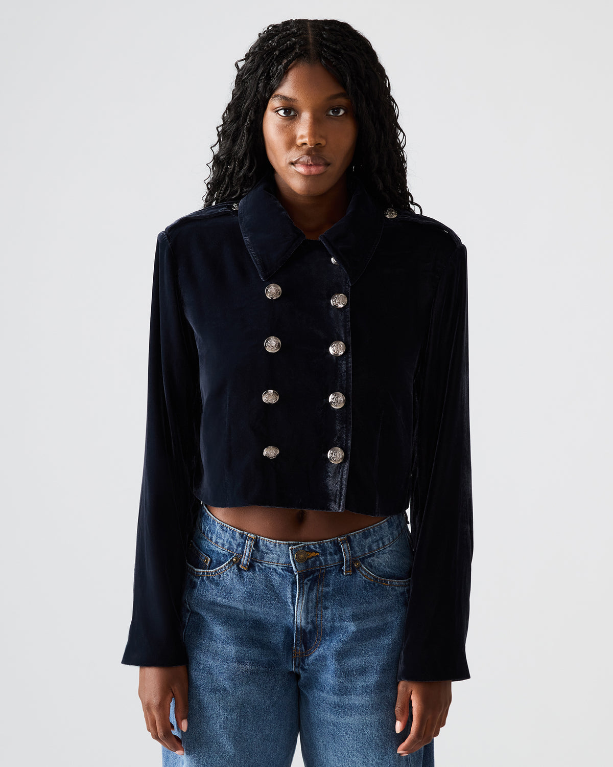 TONIA Indigo Haze Velvet Button-Up Long-Sleeved Women's Blazer Jacket - Steve Madden