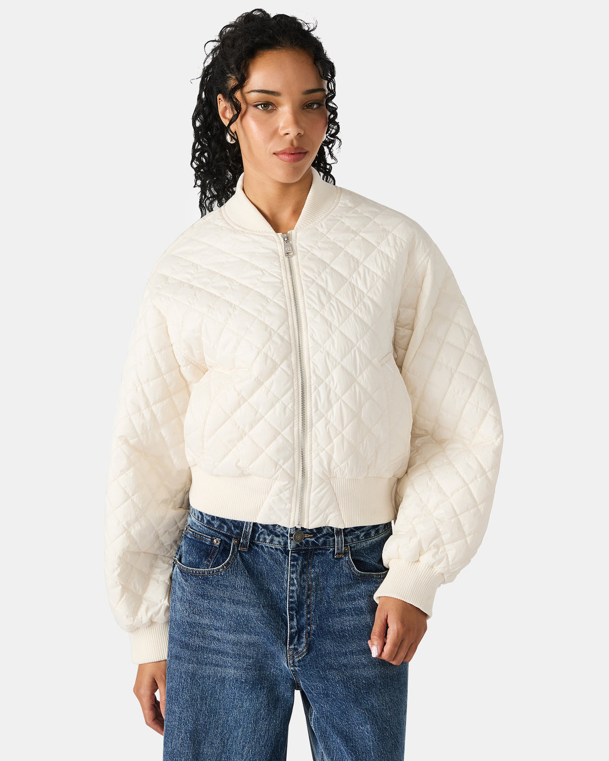 DARLA Ivory Long-Sleeved Zip-Up Quilted Women's Jacket - Steve Madden