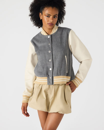 ROONEY Heather Grey Long-Sleeved Varsity Bomber Women's Jacket - Steve Madden