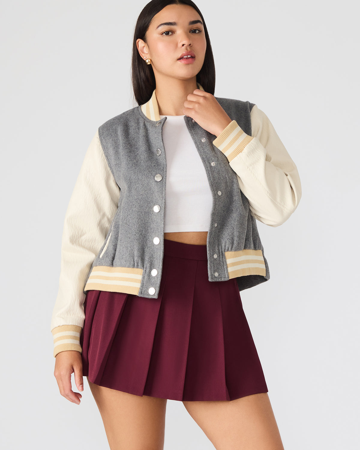 ROONEY Heather Grey Long-Sleeved Varsity Bomber Women's Jacket - Steve Madden