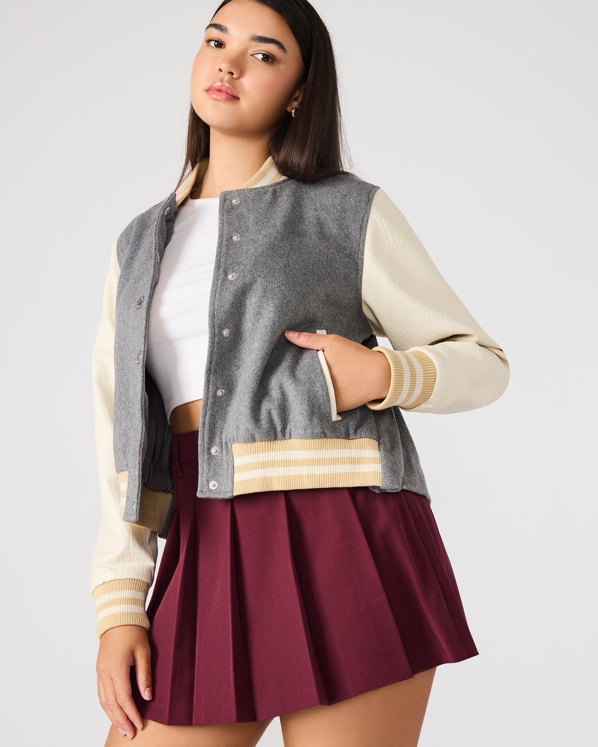 ROONEY Heather Grey Long-Sleeved Varsity Bomber Women's Jacket - Steve Madden