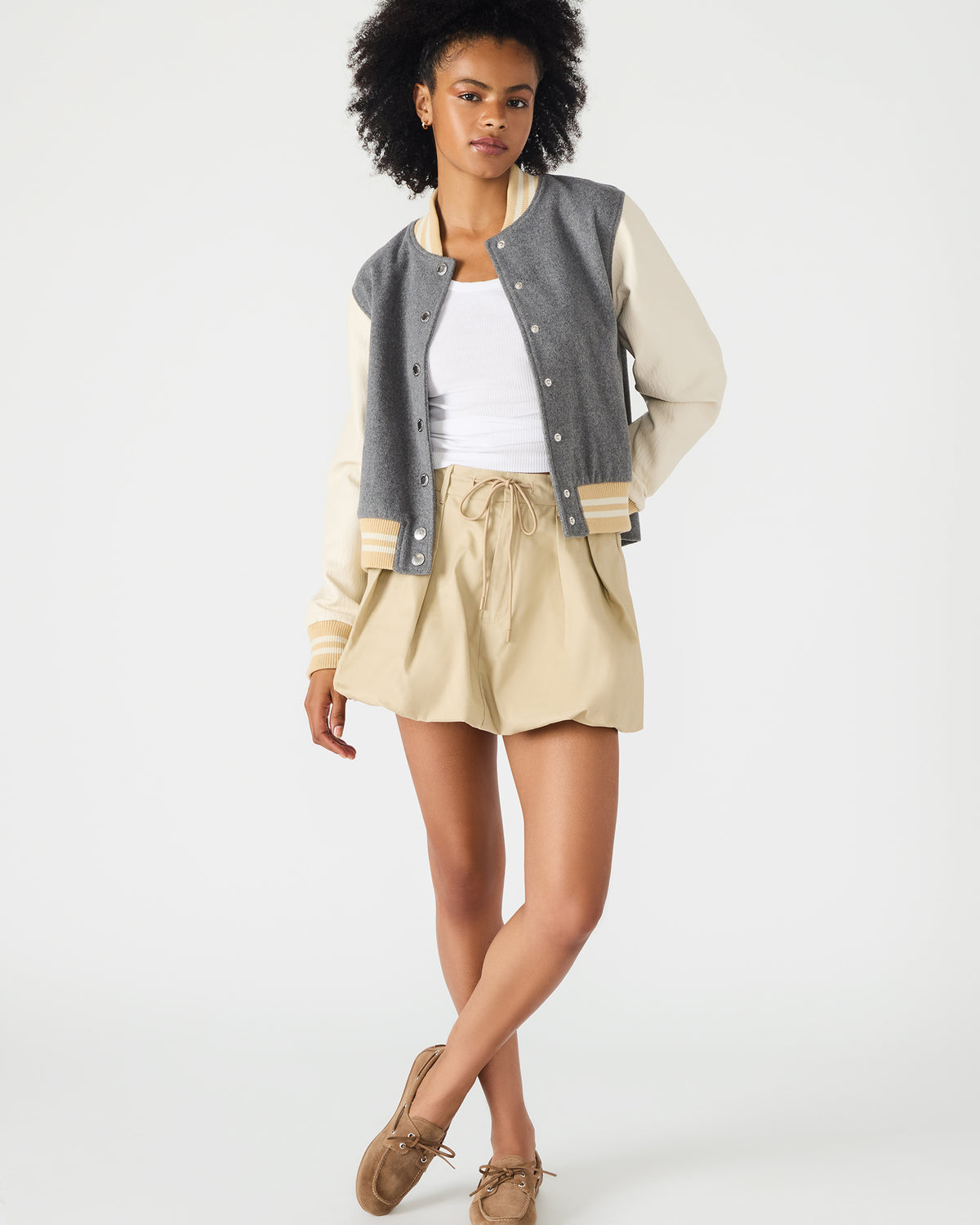 ROONEY Heather Grey Long-Sleeved Varsity Bomber Women's Jacket - Steve Madden