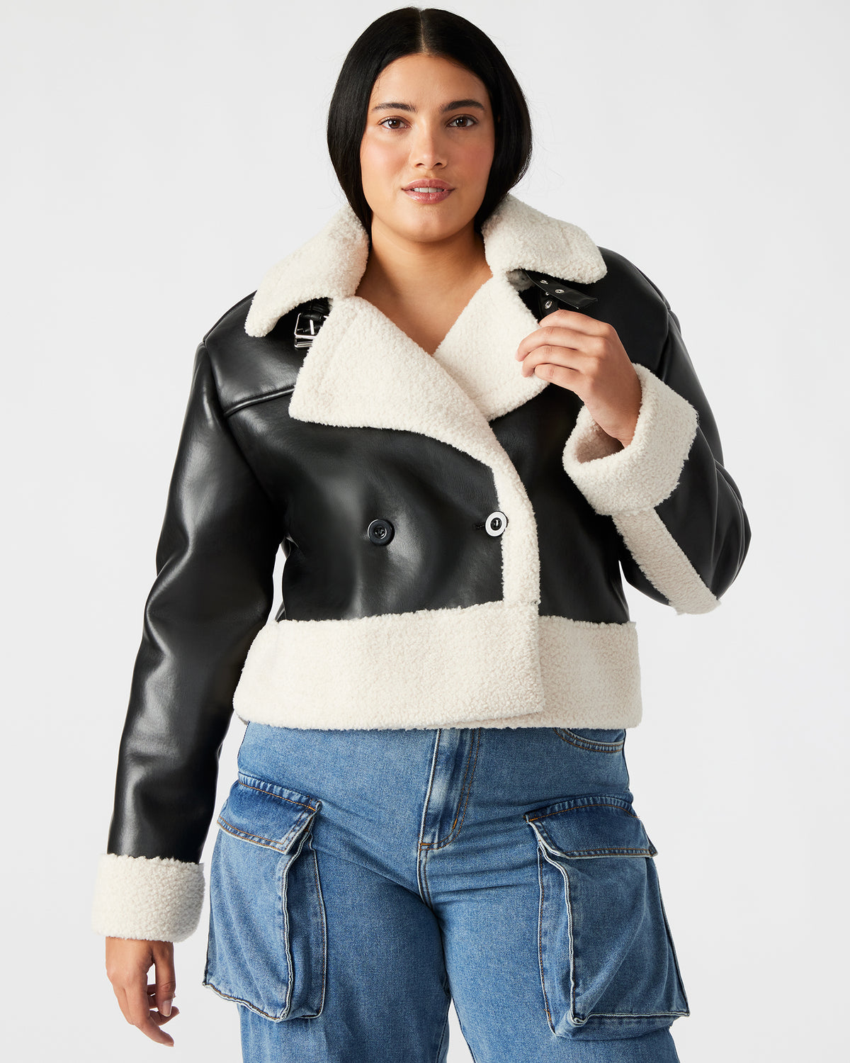 ATHEN Black Women's Faux Leather Shearling Trim Jacket - Steve Madden