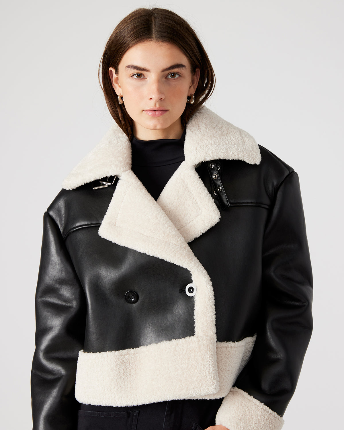 ATHEN Black Women's Faux Leather Shearling Trim Jacket - Steve Madden