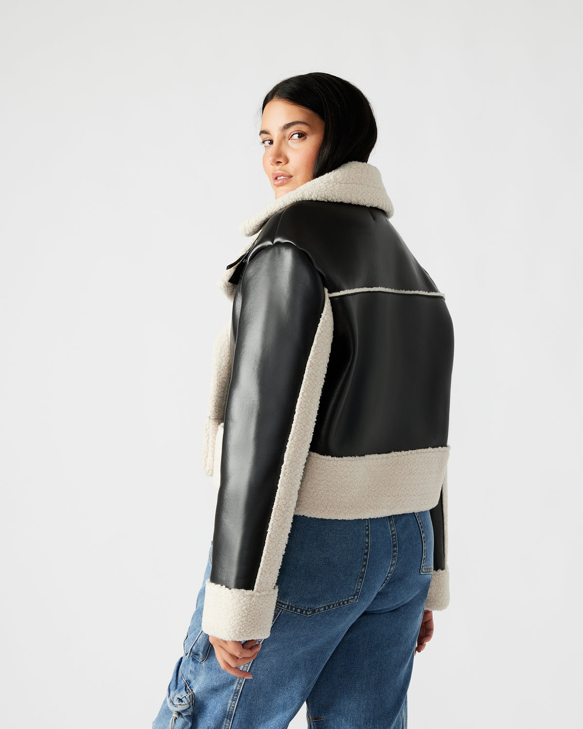 ATHEN Black Women's Faux Leather Shearling Trim Jacket - Steve Madden