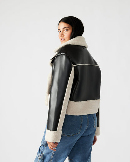 ATHEN Black Women's Faux Leather Shearling Trim Jacket - Steve Madden