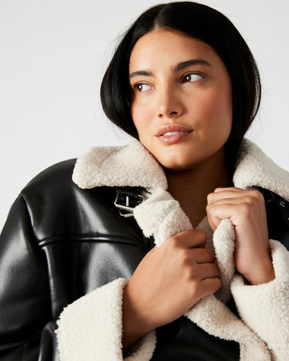 ATHEN Black Women's Faux Leather Shearling Trim Jacket - Steve Madden