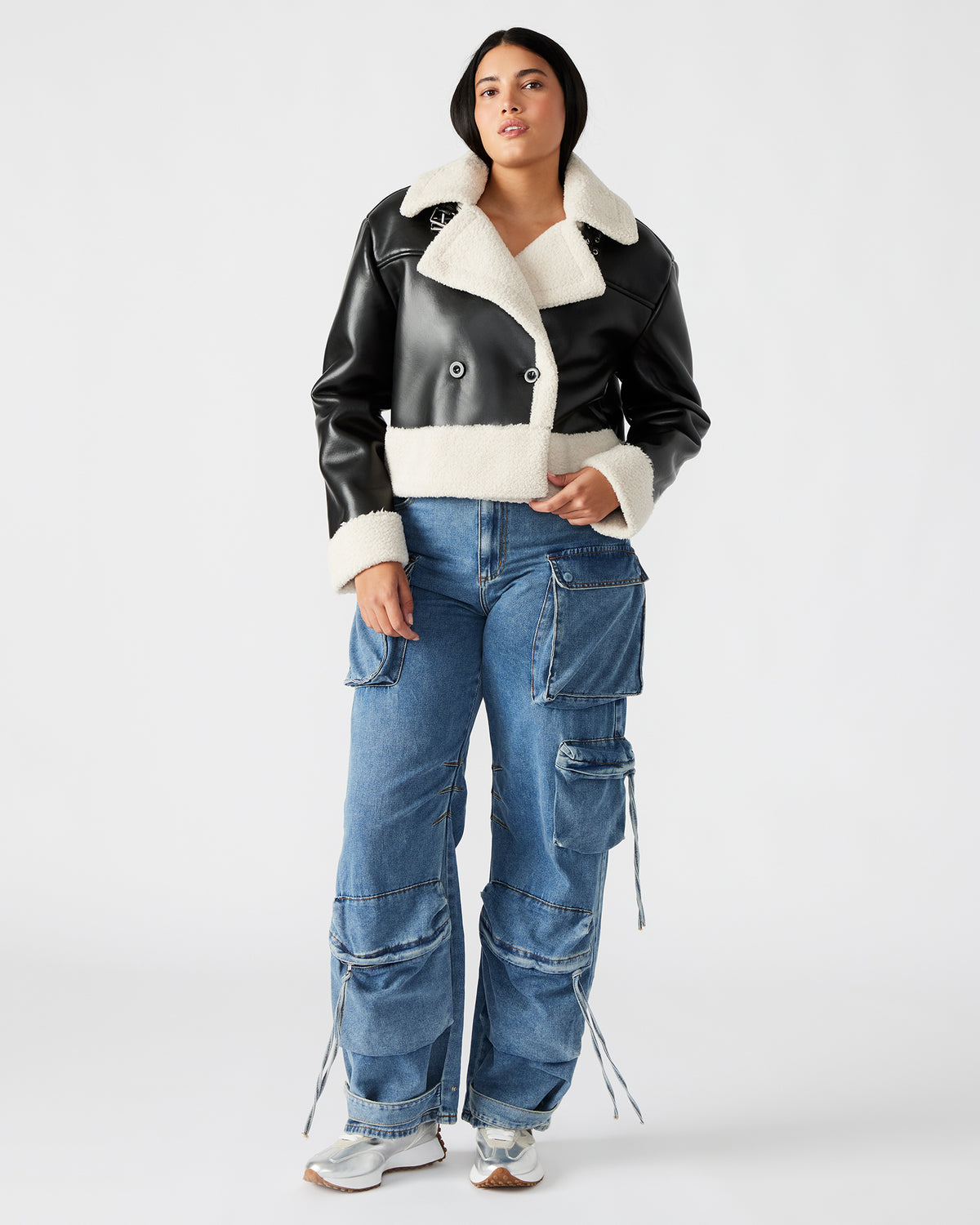ATHEN Black Women's Faux Leather Shearling Trim Jacket - Steve Madden