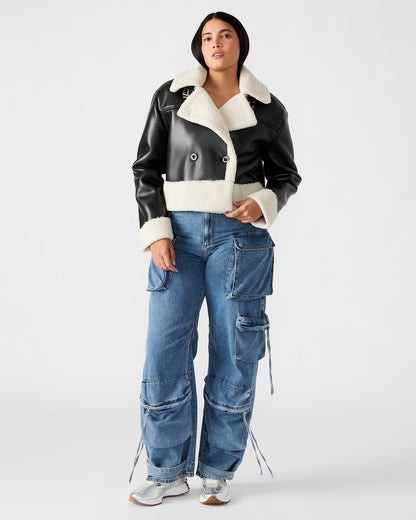ATHEN Black Women's Faux Leather Shearling Trim Jacket - Steve Madden