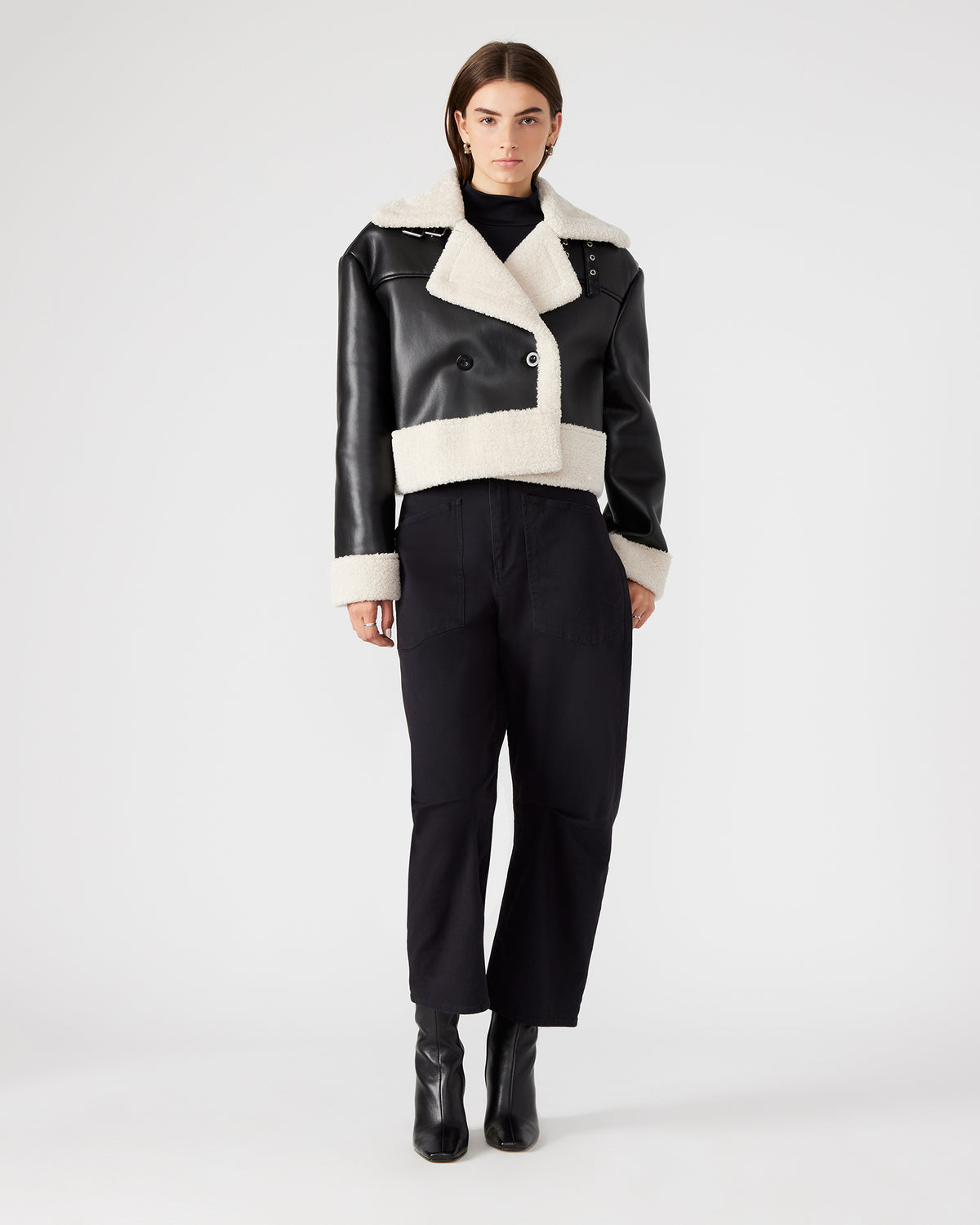 ATHEN Black Women's Faux Leather Shearling Trim Jacket - Steve Madden