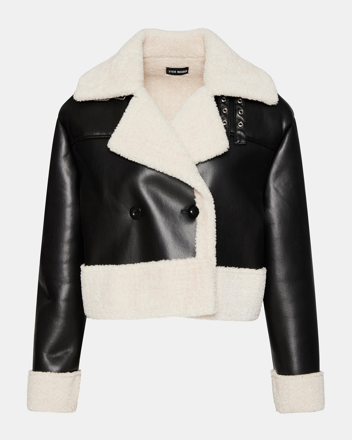 ATHEN Black Women's Faux Leather Shearling Trim Jacket - Steve Madden