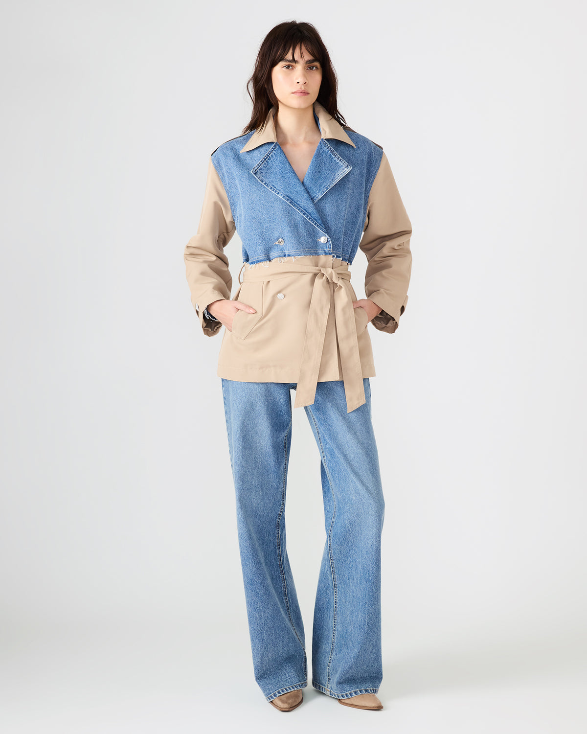 SHYLA Denim Multi Long-Sleeved Denim Khaki Button-Up Tie-Front Women's Coat - Steve Madden