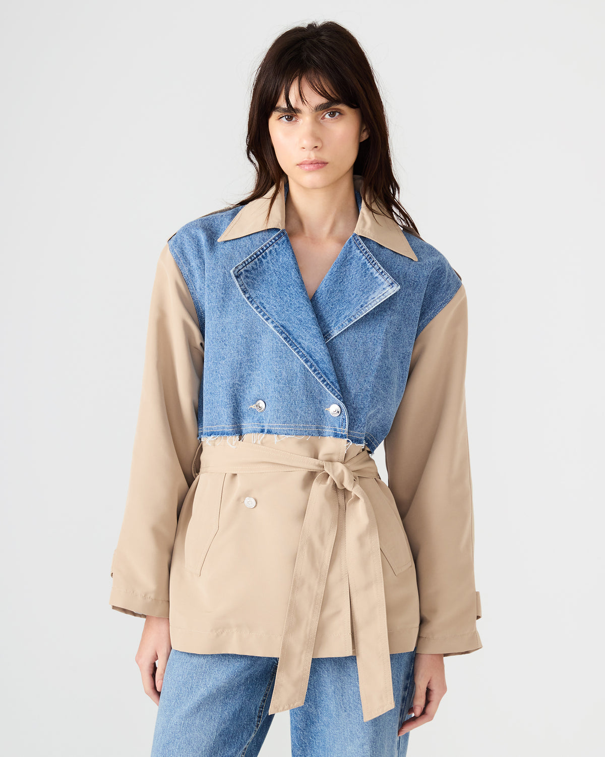 SHYLA Denim Multi Long-Sleeved Denim Khaki Button-Up Tie-Front Women's Coat - Steve Madden