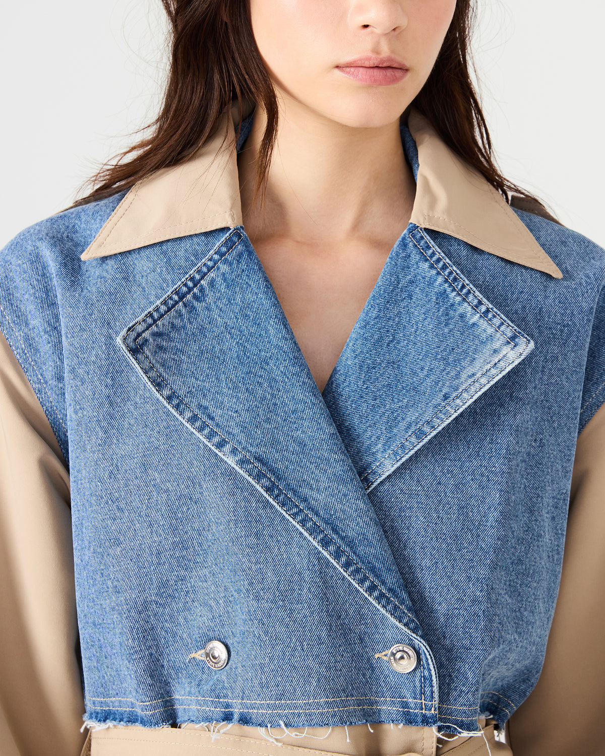 SHYLA Denim Multi Long-Sleeved Denim Khaki Button-Up Tie-Front Women's Coat - Steve Madden