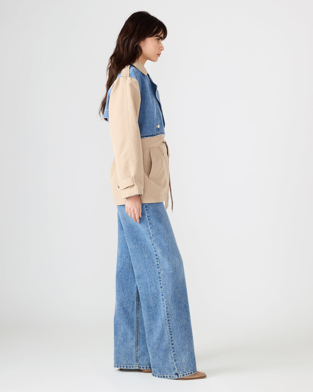 SHYLA Denim Multi Long-Sleeved Denim Khaki Button-Up Tie-Front Women's Coat - Steve Madden