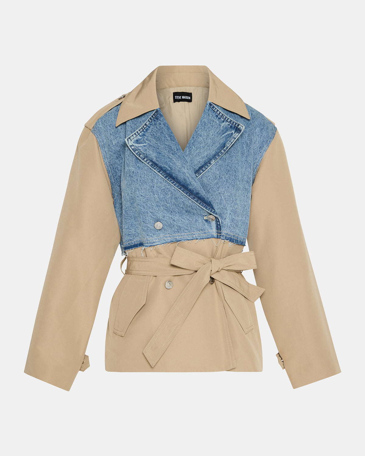 SHYLA Denim Multi Long-Sleeved Denim Khaki Button-Up Tie-Front Women's Coat - Steve Madden