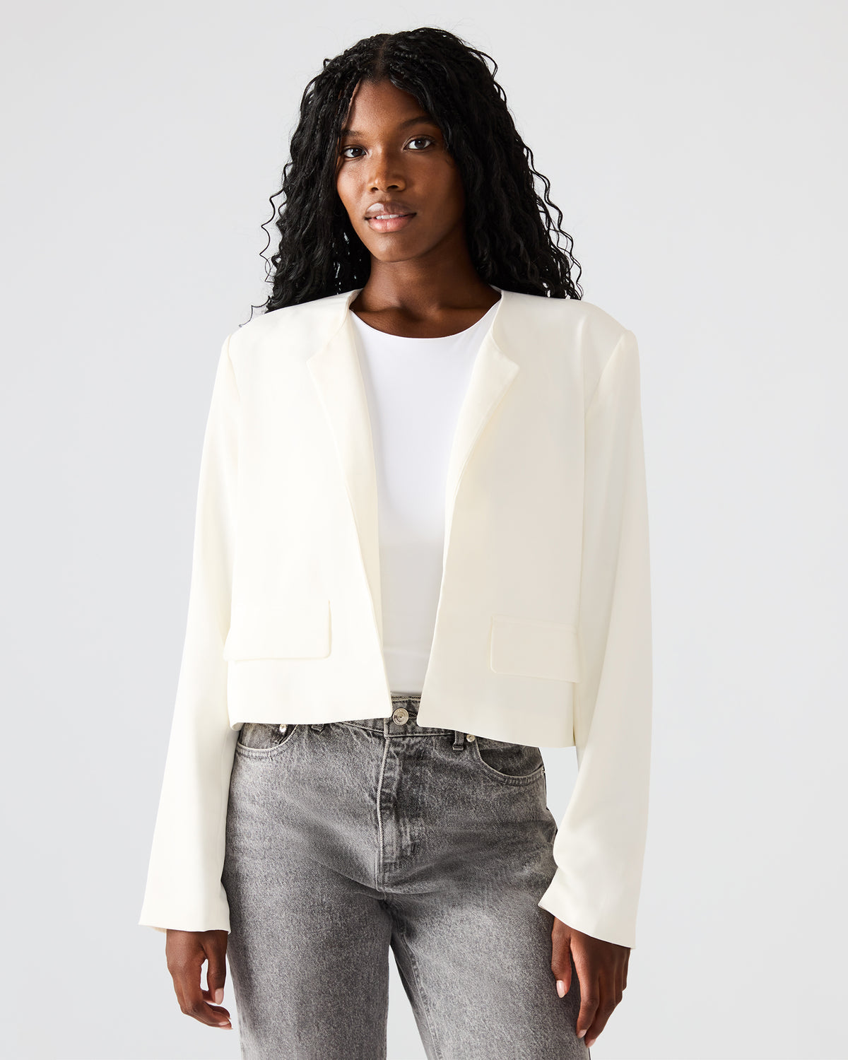 SERENEA White Women's Long-Sleeved Open-Front Blazer - Steve Madden