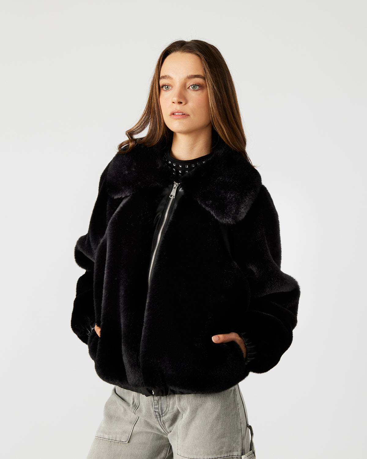 ZEPHRINE Jacket Black | Women's Long-Sleeved Furry Jacket - Steve Madden