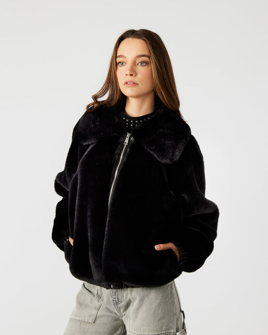 ZEPHRINE Jacket Black | Women's Long-Sleeved Furry Jacket - Steve Madden