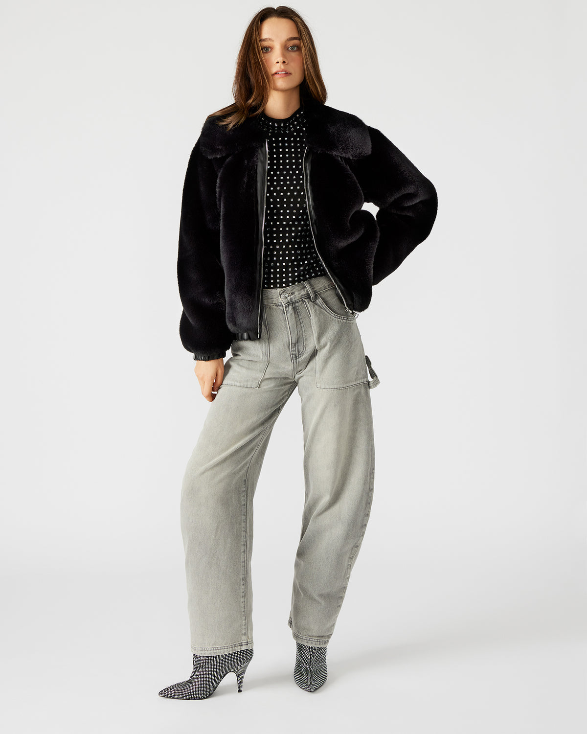 ZEPHRINE Jacket Black | Women's Long-Sleeved Furry Jacket - Steve Madden