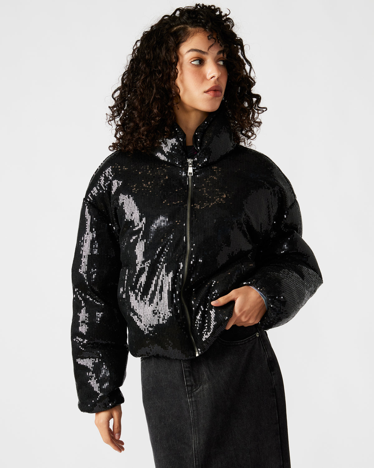 STRATTO Jacket Black | Women's Sequin Long-Sleeved Puffer Jacket - Steve Madden