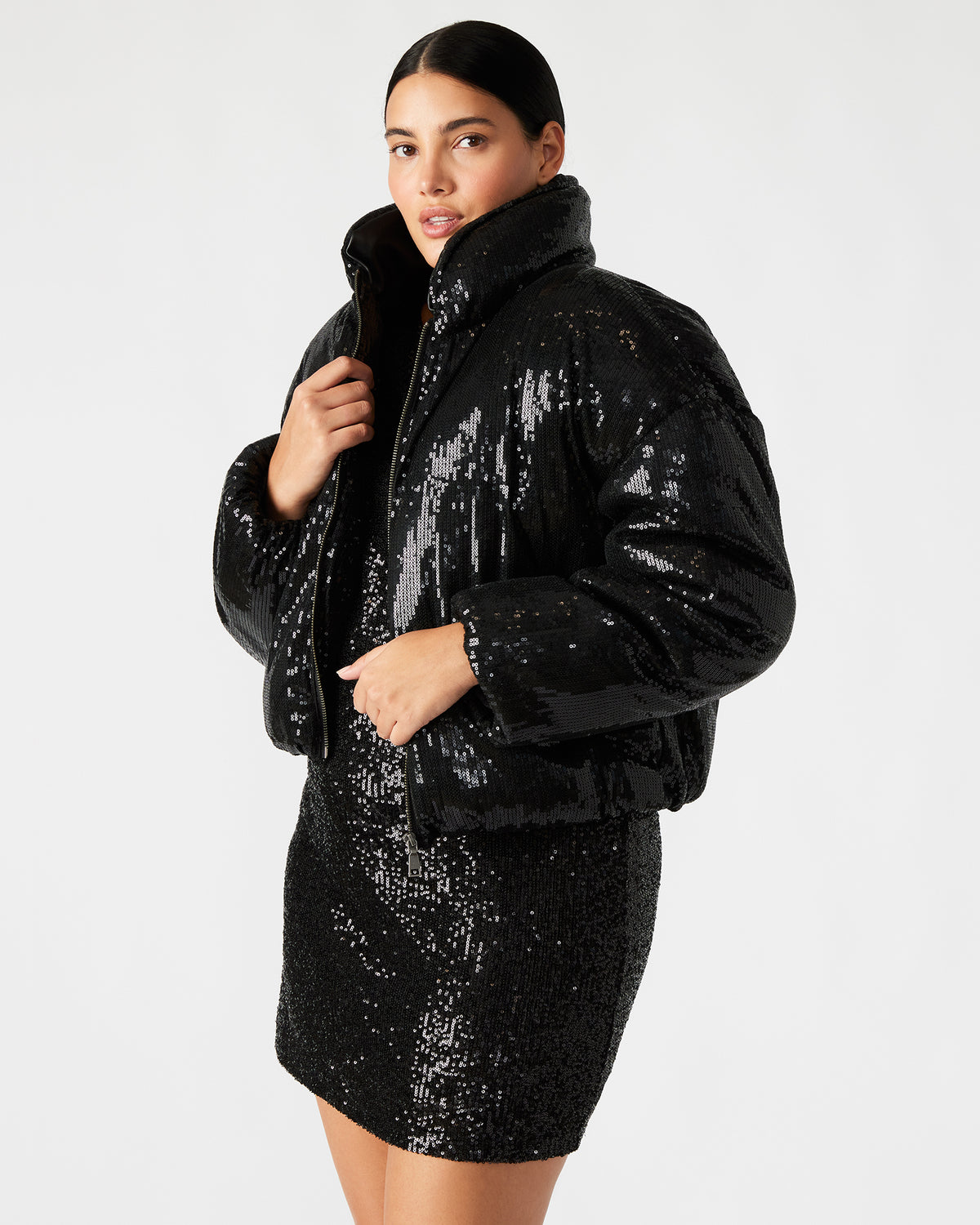 STRATTO Jacket Black | Women's Sequin Long-Sleeved Puffer Jacket - Steve Madden