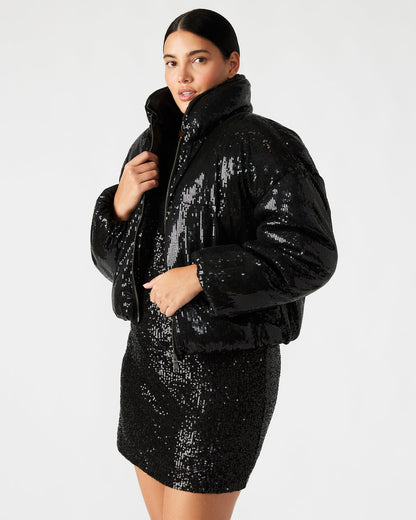 STRATTO Jacket Black | Women's Sequin Long-Sleeved Puffer Jacket - Steve Madden