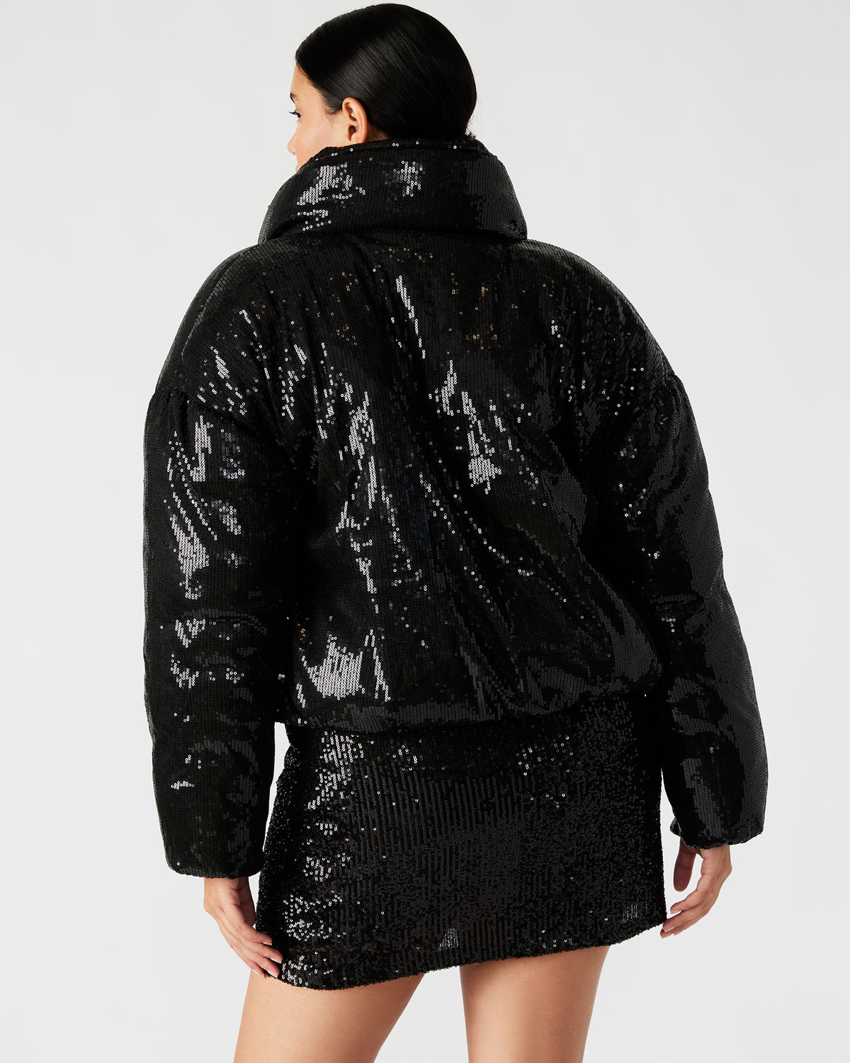 STRATTO Jacket Black | Women's Sequin Long-Sleeved Puffer Jacket - Steve Madden