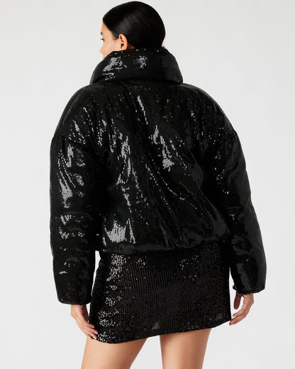 STRATTO Jacket Black | Women's Sequin Long-Sleeved Puffer Jacket - Steve Madden